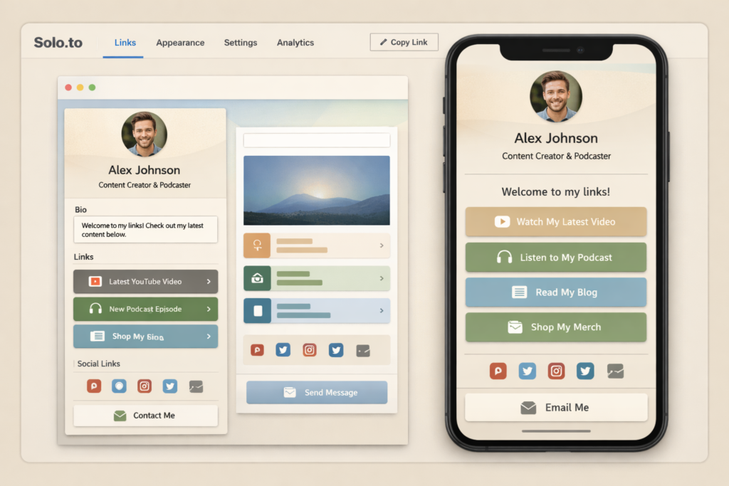 Solo.to link in bio editor and branded microsite live preview
