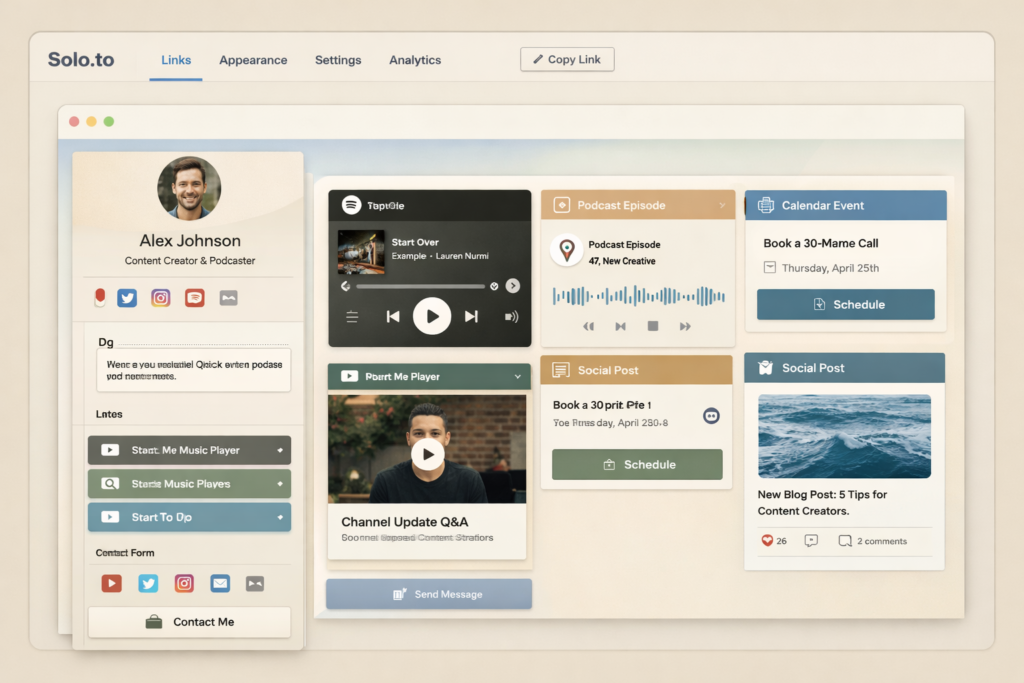 Solo.to embeds for music video podcast social and business tools
