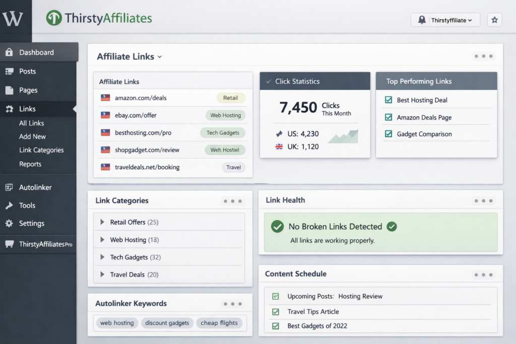 ThirstyAffiliates affiliate link management dashboard for WordPress bloggers and affiliate marketers
