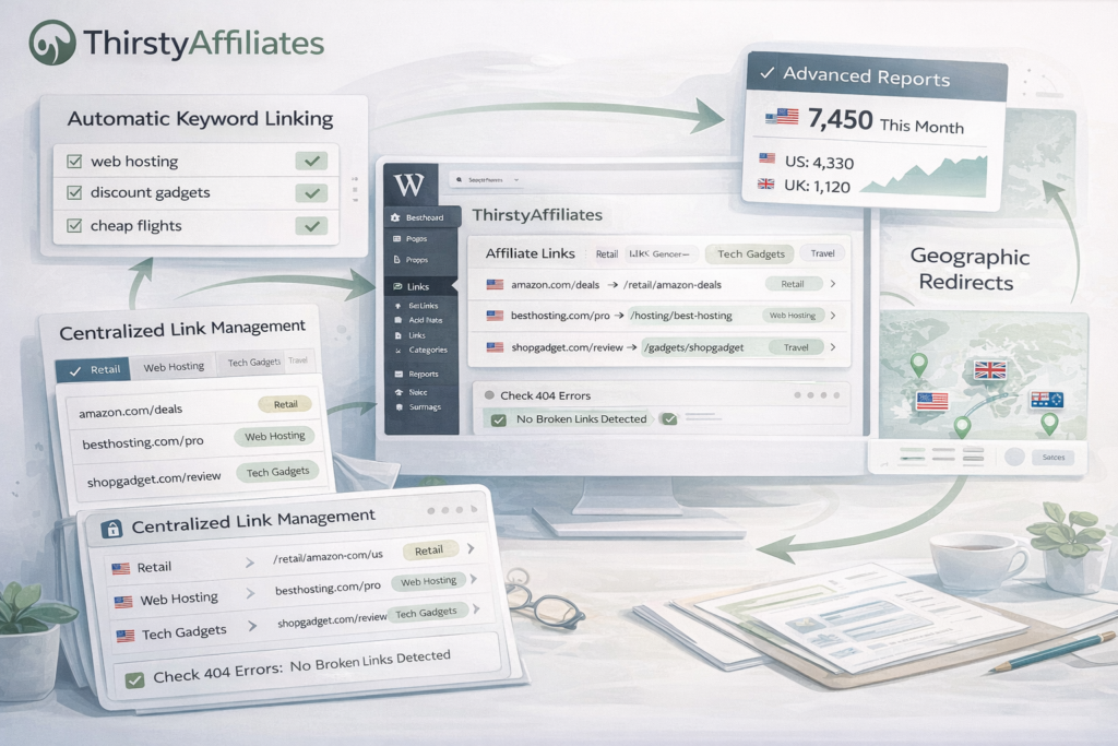 ThirstyAffiliates WordPress affiliate link workflow with autolinking reports and geographic redirects
