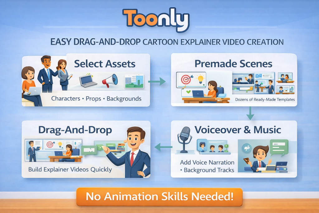 Toonly character library and drag and drop scene builder