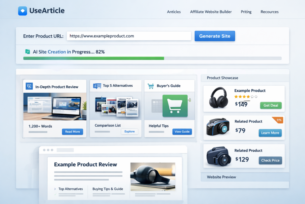 UseArticle AI affiliate website builder dashboard showing product URL import, site generation, affiliate content blocks, and product cards
