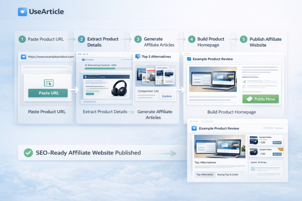 UseArticle workflow showing how a product URL becomes an affiliate website with AI-generated articles and product pages
