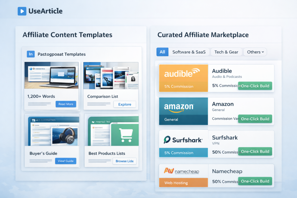 UseArticle interface showing affiliate content templates and curated affiliate marketplace programs
