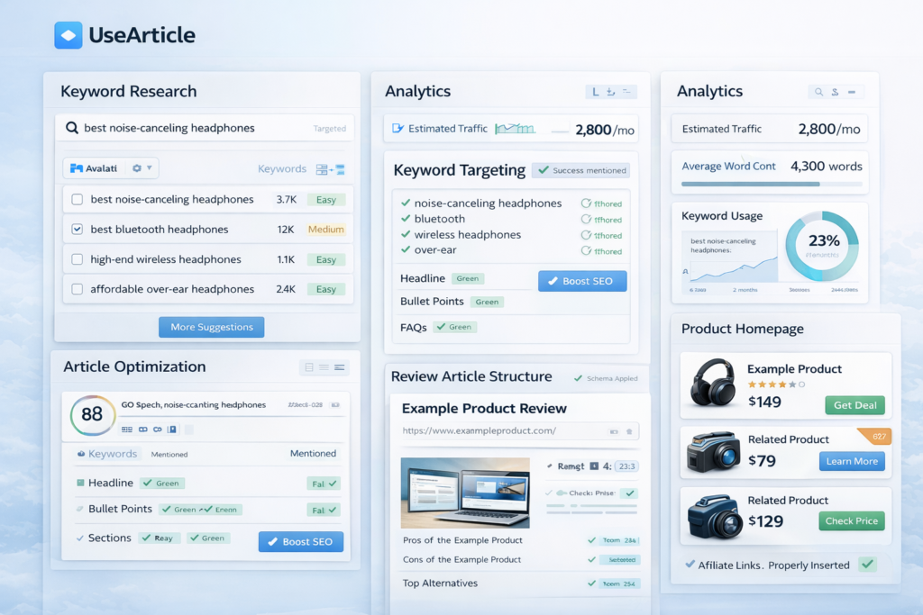 UseArticle SEO dashboard with affiliate keyword targeting, schema markup, product homepage cards, and conversion-focused content structure
