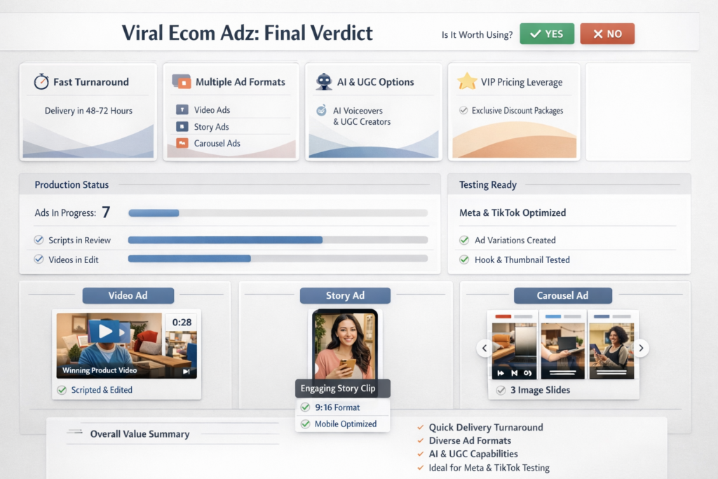Final verdict image summarizing Viral Ecom Adz value for ecommerce advertisers with speed, package variety, AI UGC, and testing readiness