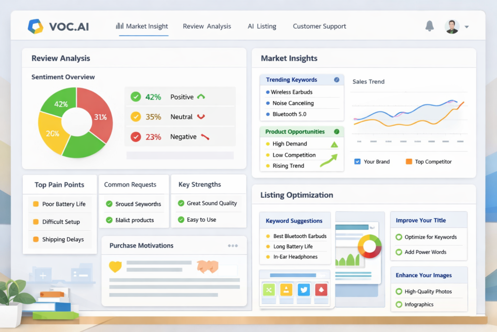 VOC AI dashboard overview showing Amazon review intelligence, market insight, and AI listing optimization for sellers
