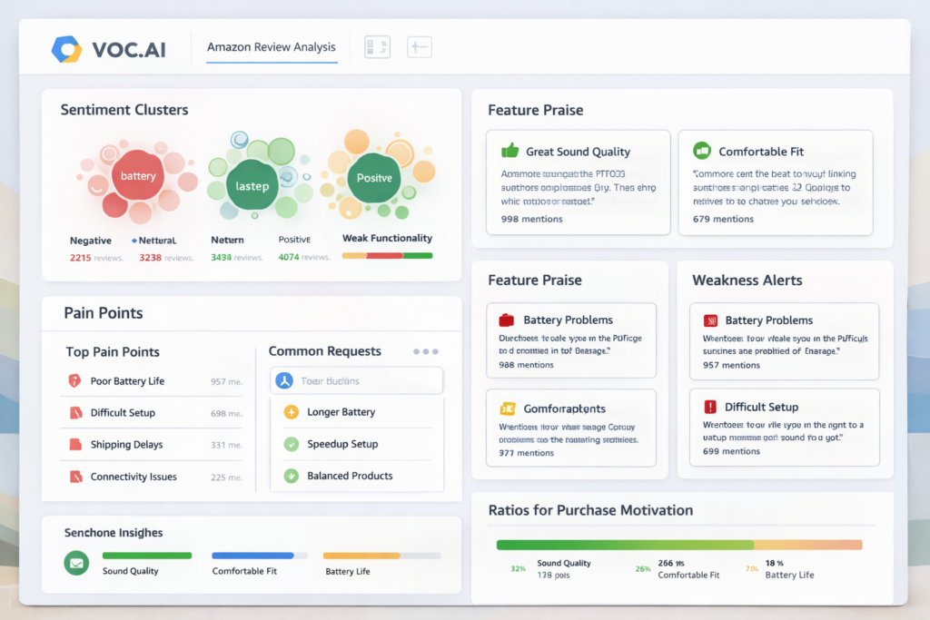 VOC AI Amazon review analysis interface with sentiment clusters, pain points, customer motivations, and product feedback insights
