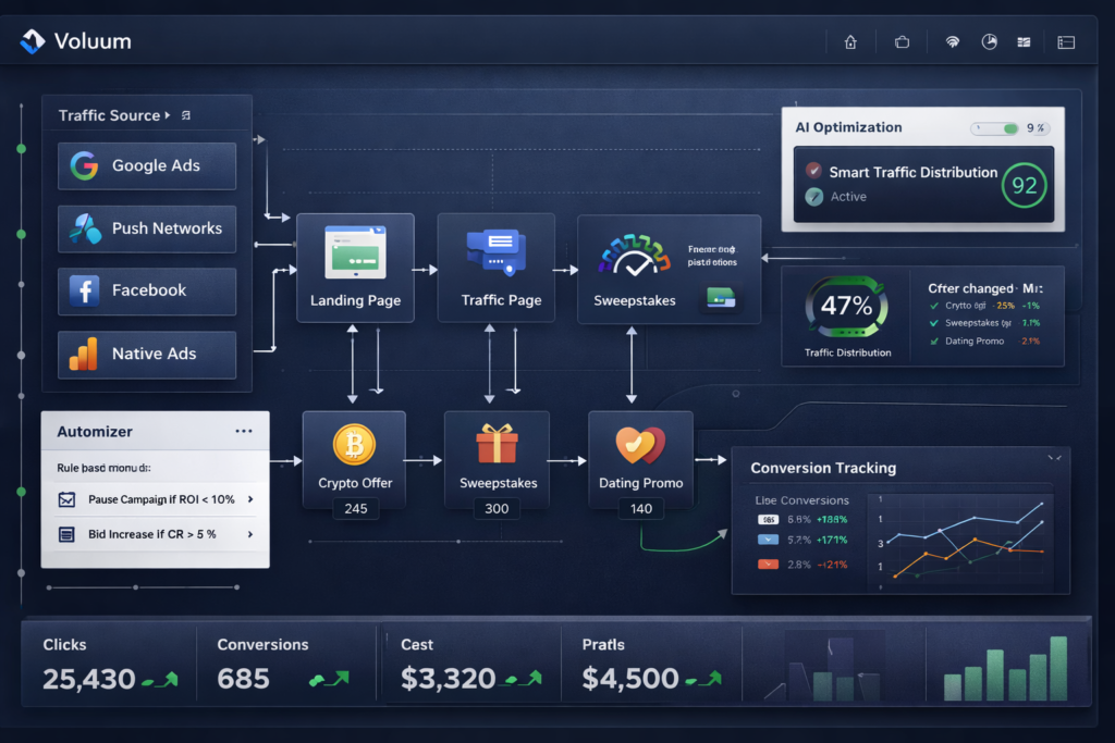 Voluum-style campaign workflow showing traffic sources, landing pages, offers, automation, and AI optimization
