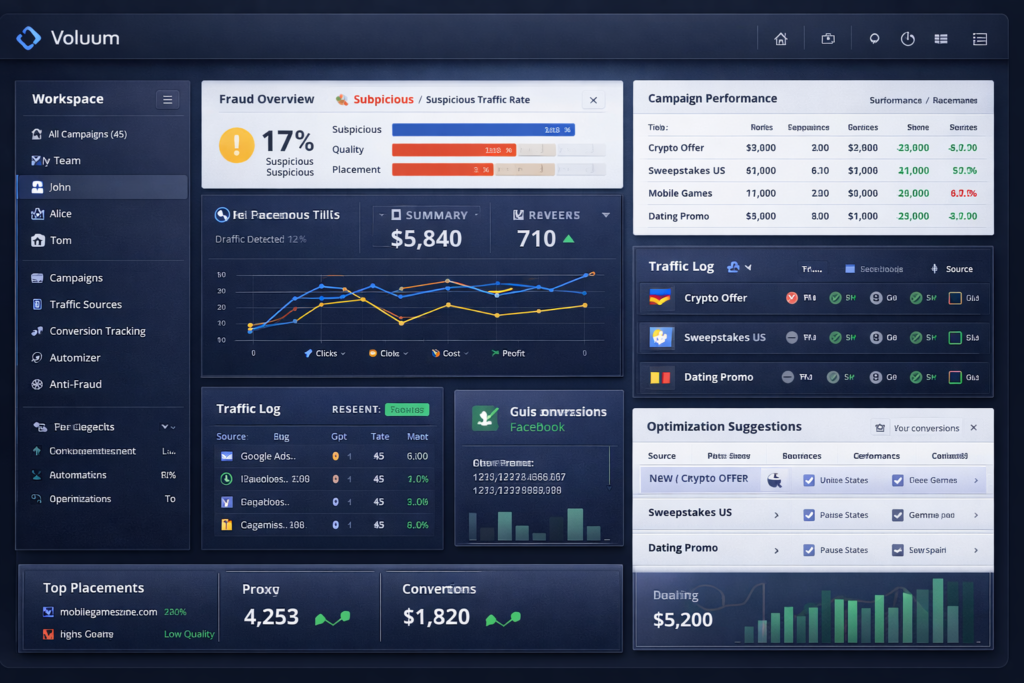 Voluum-style performance marketing dashboard with reporting, fraud detection, team workspaces, and campaign optimization tools
