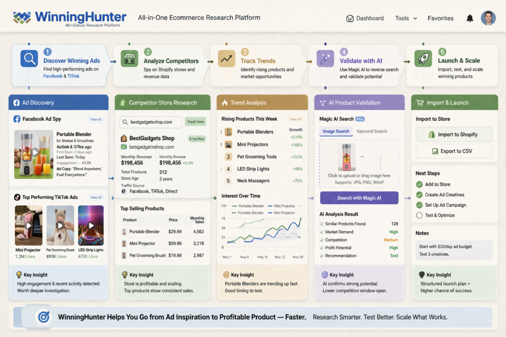 WinningHunter-style workflow interface showing ad discovery, competitor store research, trend analysis, and product validation in a structured ecommerce research process
