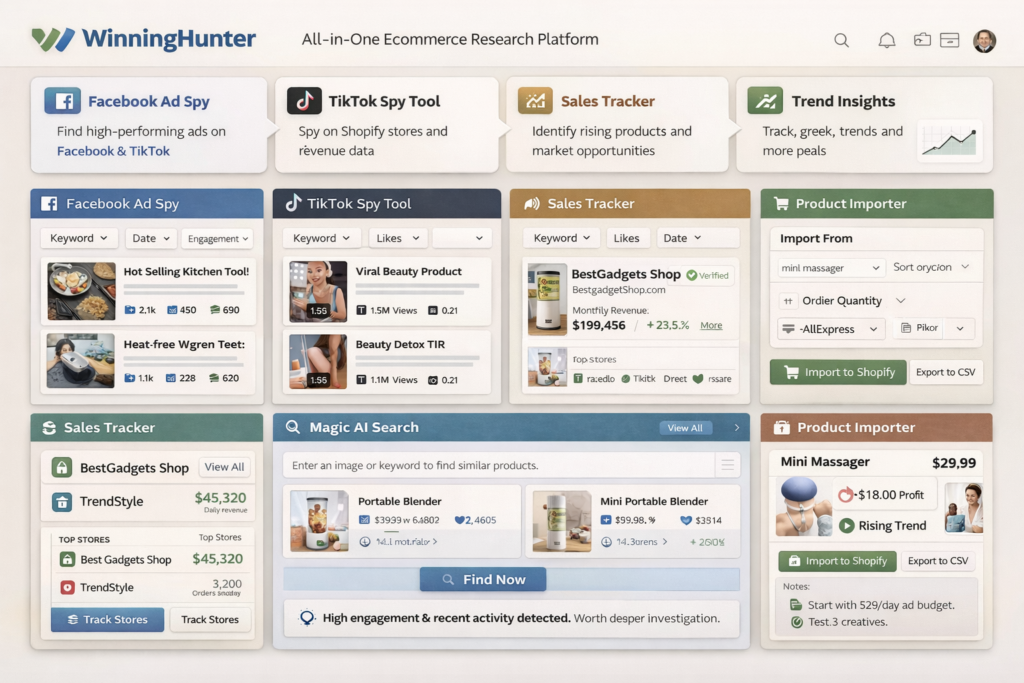 WinningHunter-inspired feature overview dashboard combining Facebook AdSpy, TikTok Spy, store revenue tracking, Magic AI reverse search, trends, and product importing tools
