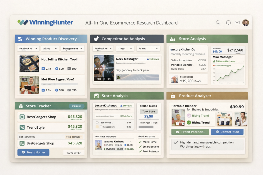 WinningHunter-style ecommerce research workspace focused on product validation, competitor ad analysis, store tracking, and market trend discovery for dropshippers
