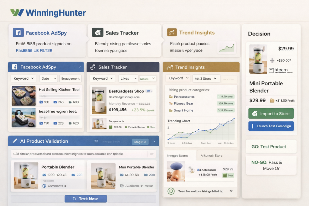 WinningHunter-inspired final decision dashboard showing ad analysis, product validation signals, competitor tracking, and a smart ecommerce testing workflow
