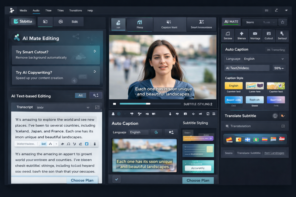Wondershare Filmora AI editing tools including AI Mate Editing, text-based editing, auto caption, and smart creator workflow features
