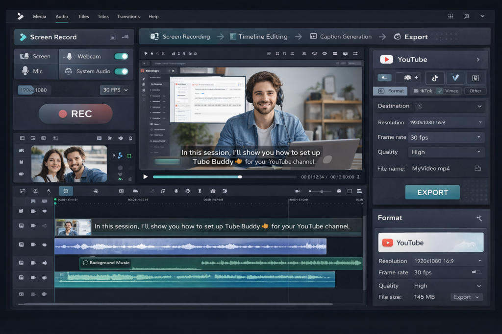 Wondershare Filmora workflow for screen recording, editing, captions, audio cleanup, and export for YouTube and social media
