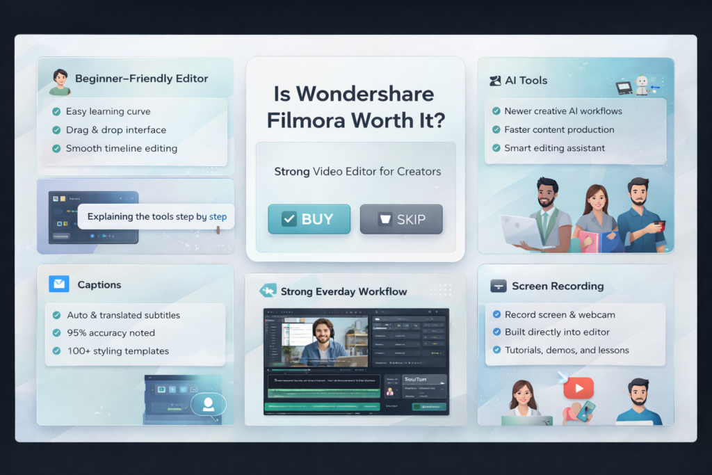 Wondershare Filmora final verdict dashboard showing value for creators, marketers, educators, and YouTubers

