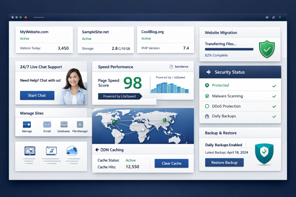 WPX-inspired managed WordPress hosting dashboard showing speed optimization, expert migration, support, security, and premium WordPress site management
