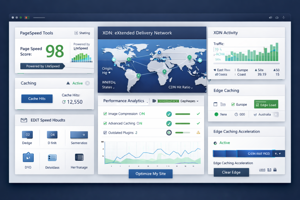 WPX-inspired performance dashboard showing XDN global delivery, caching, LiteSpeed-style speed optimization, and fast WordPress hosting workflow
