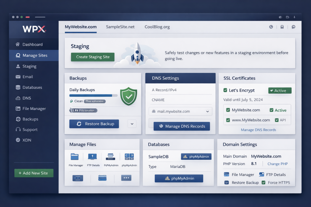 WPX-inspired hosting control panel showing staging, backups, DNS settings, SSL management, and WordPress site administration tools

