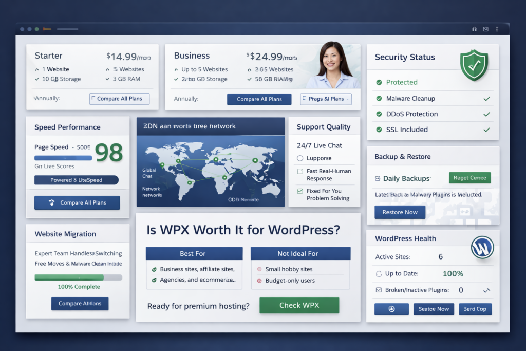 WPX-inspired premium hosting decision dashboard summarizing performance, support, migration, security, and plan suitability for WordPress websites
