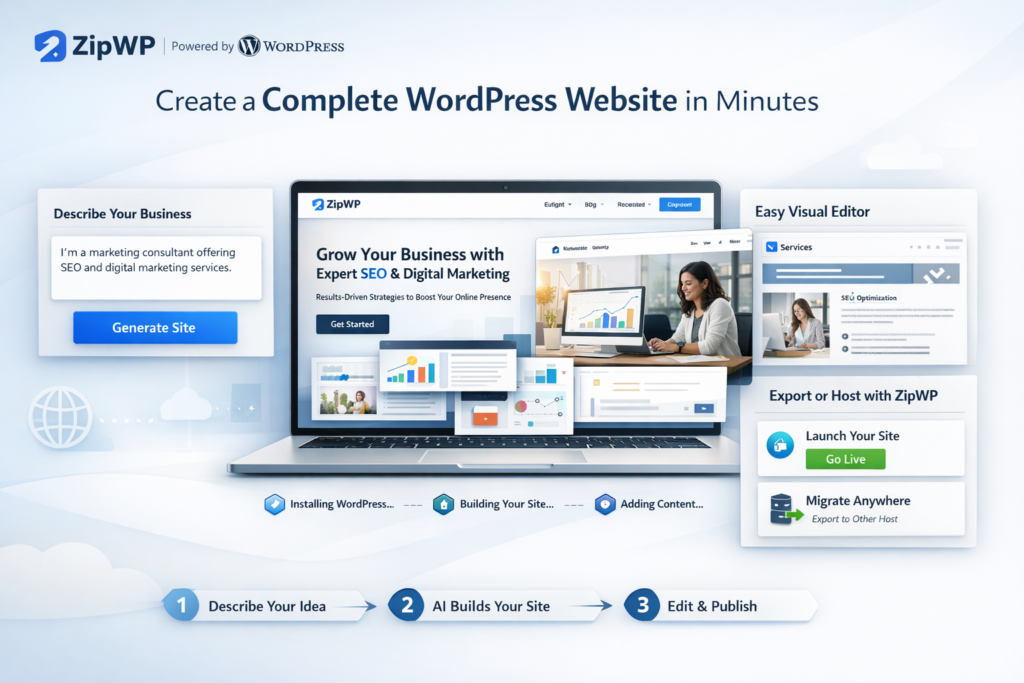 ZipWP AI WordPress website builder dashboard overview
