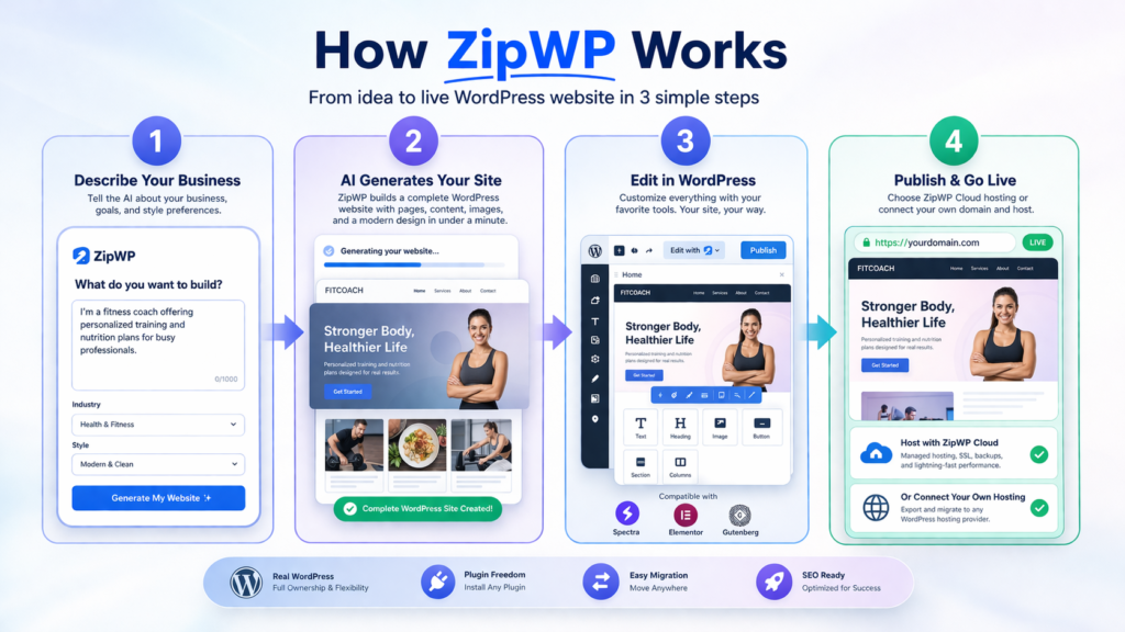ZipWP AI website generation workflow for WordPress
