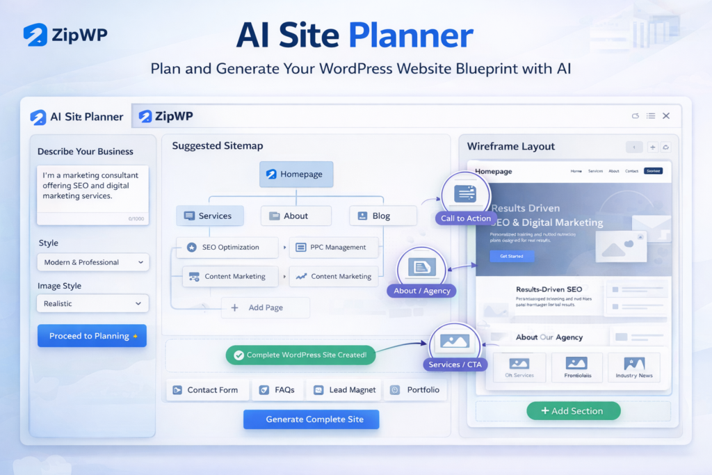 ZipWP AI Site Planner sitemap and wireframe view

