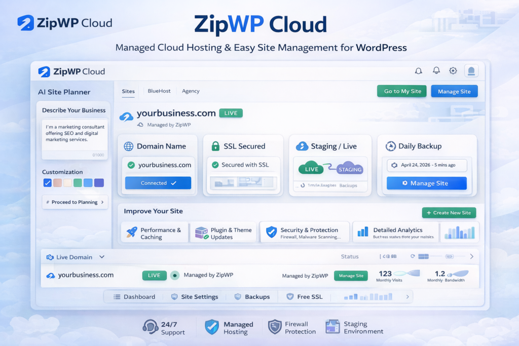 ZipWP Cloud hosting dashboard for managing WordPress sites
